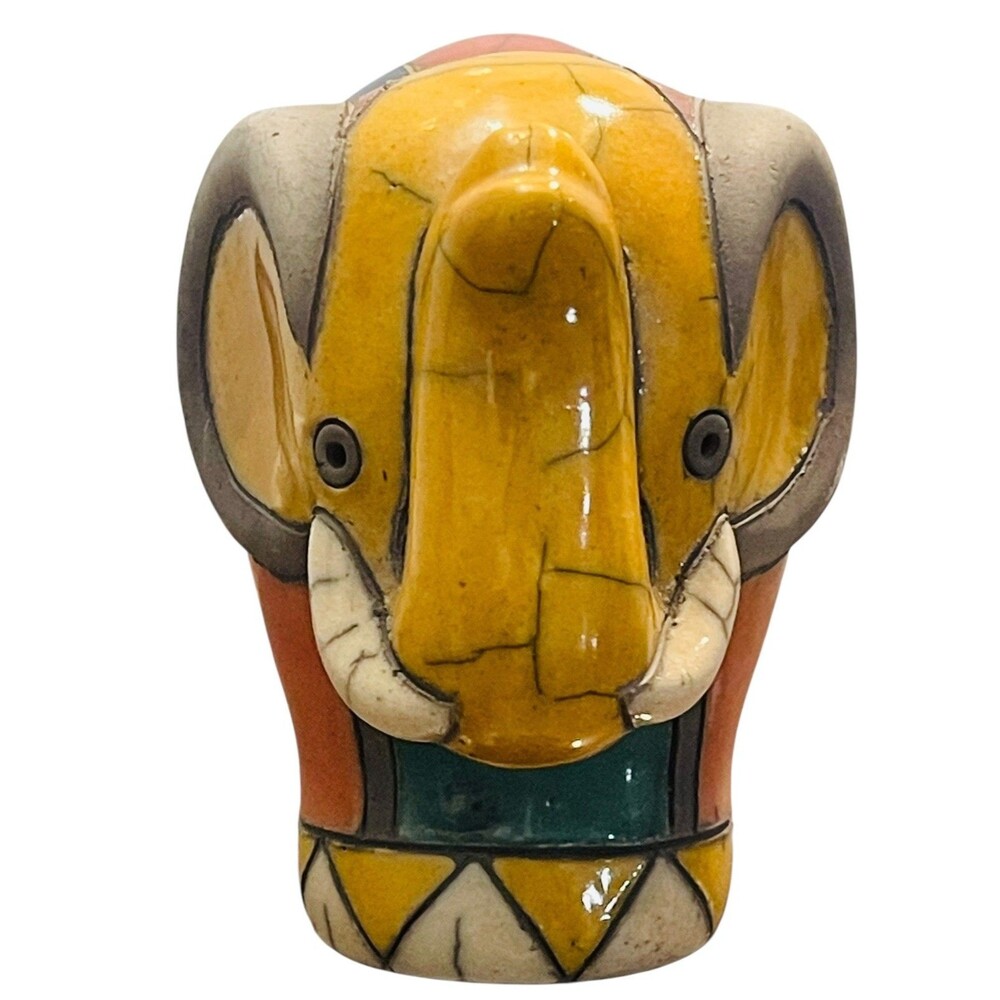 Vintage South African Raku Elephant Multi Color Hand Crafted Pottery Signed 6"L